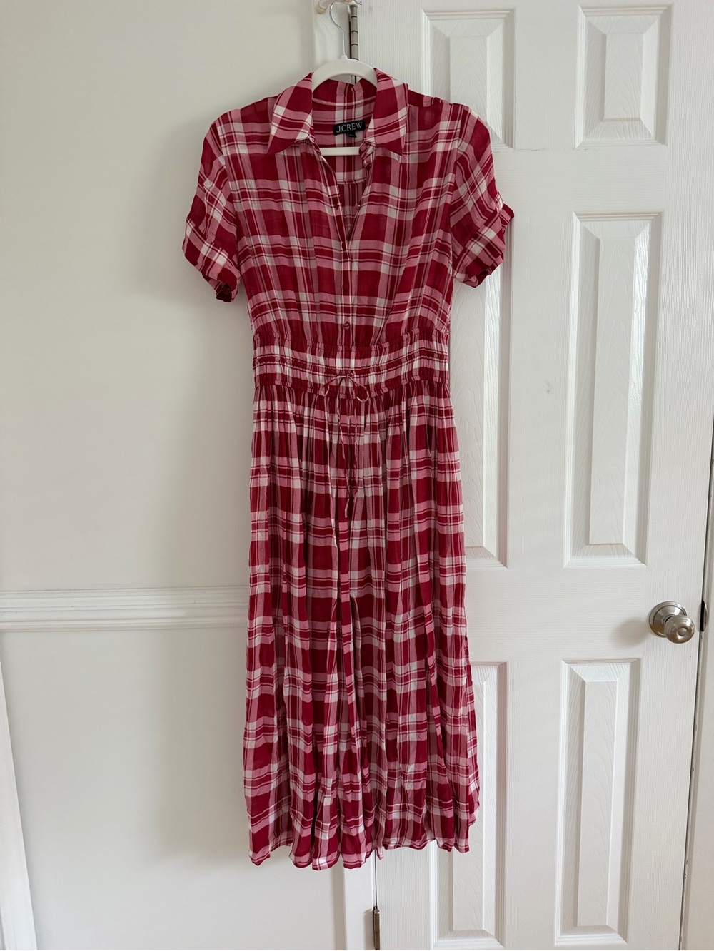 J. Crew Elena shirt-dress in plaid viscose chiffon red fall picnic cottage - Picture 2 of 8